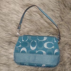 Coach ☆ teal blue logo silver metallic wristlet bag small mini size coin wallet